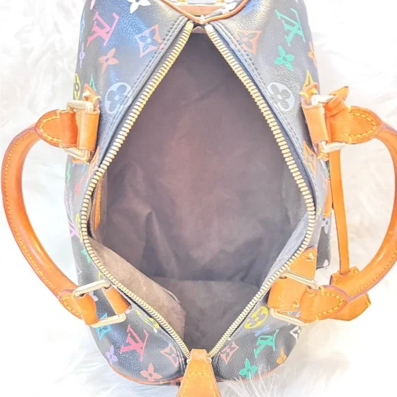 Louis Vuitton Black Multicolor Monogram Speedy Satchel with Tan Leather - Picture 9 of 17